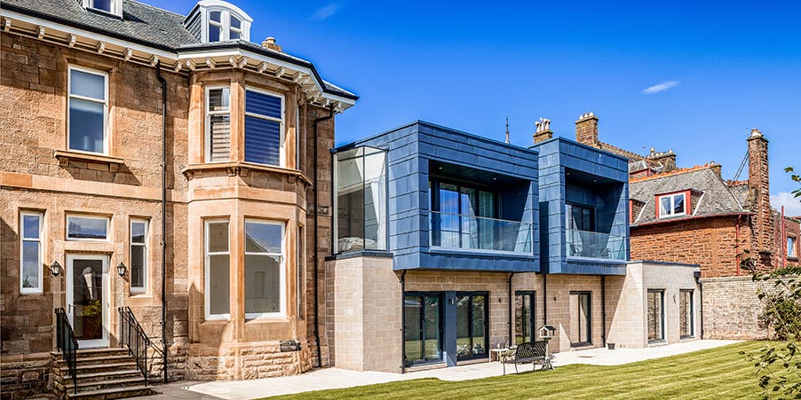 This project incorporates a stunning contemporary extension into a historic home in Scotland.